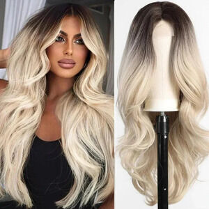 Long Ombre Platinum Blonde Wavy Wig for Women,Middle Part Curly Wavy Wig, Natura